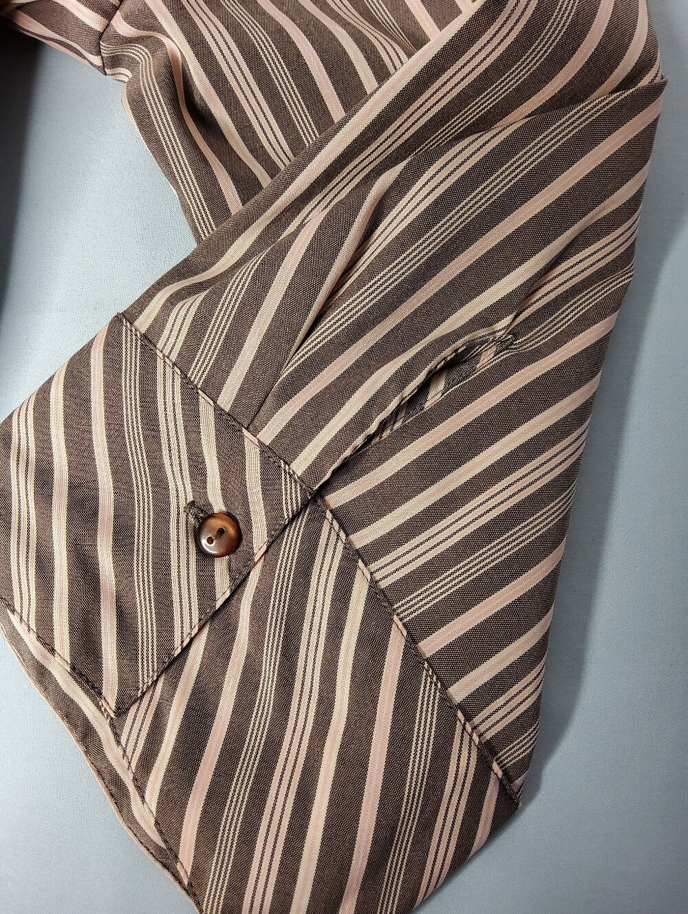 Cato Striped Button-Front Mandarin Collar Blouse in Taupe, Blush Pink, and Cream - Picture 7 of 10